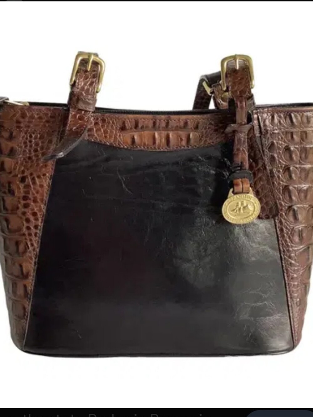 Brahmin Two-Tone Croc-Embossed Brown and Black Leather Tote